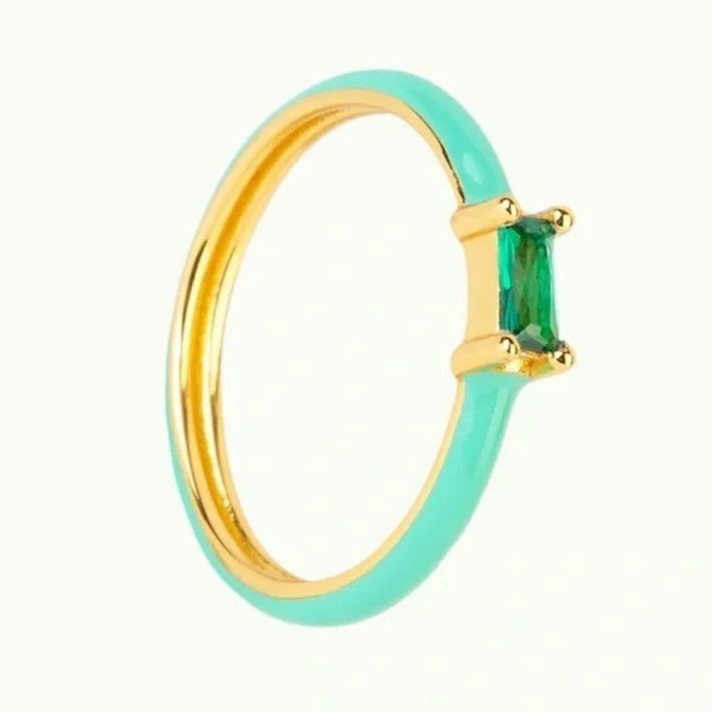 ☘️ Lucky Green Gem Gold 925 Sterling Silver Enamel Ring Size 5